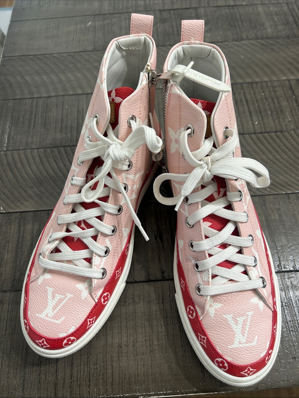 Louis Vuitton Pink and Red Monogram High-Top Sneakers - Picture 4 of 4